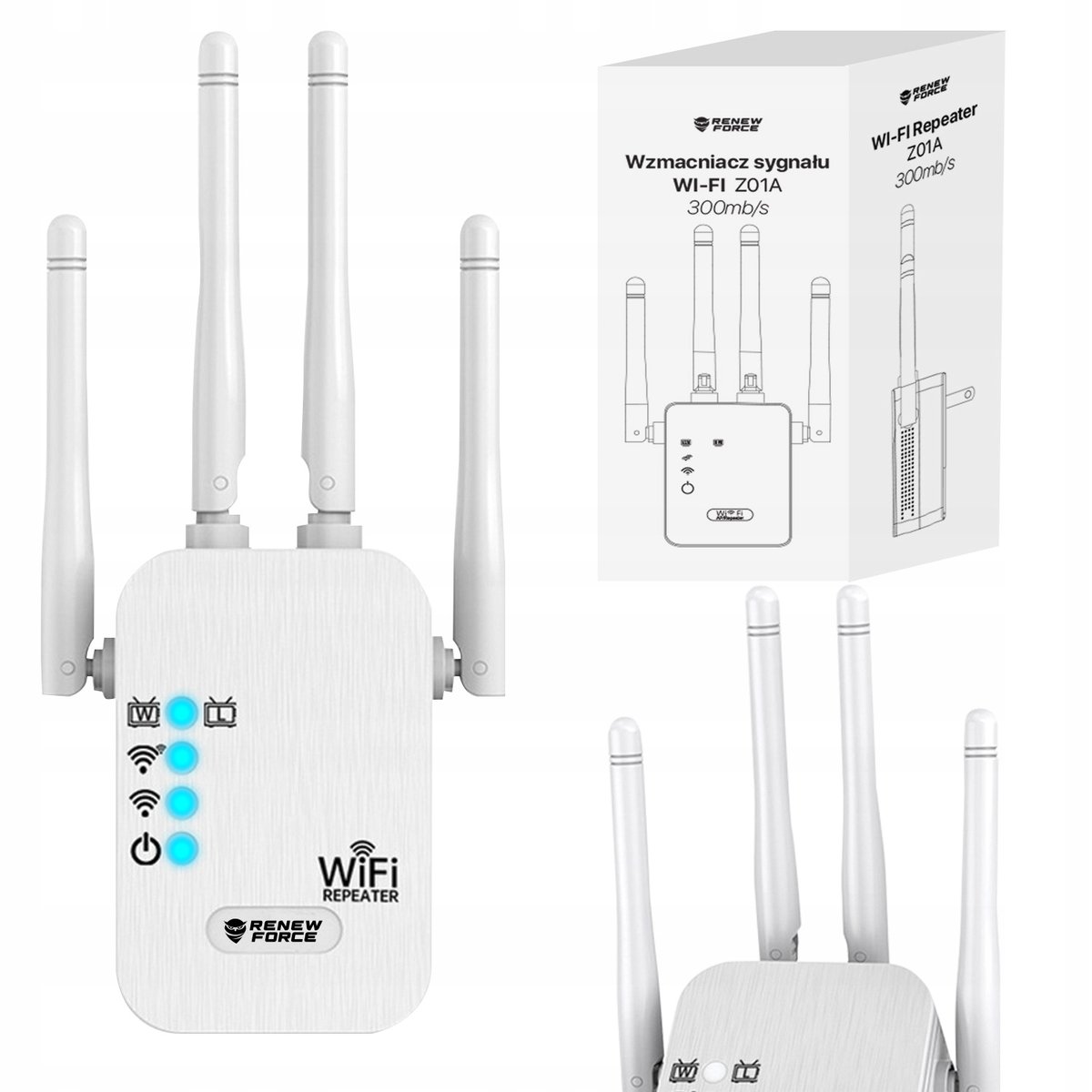 Wzmacniacz sygnału Wi-Fi repeater 300Mb/s 2.4G duży zasięg 4 anteny MOCNY Z01A