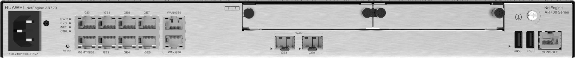 AR720, 2*GE combo WAN, 8*GE LAN, 2*USB 2.0, 2*SIC