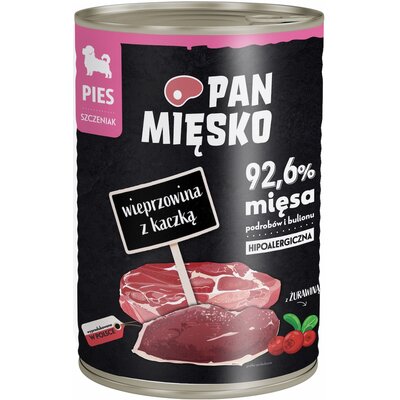 PAN MIĘSKO - Karma mokra dla SZCZENIĄT wieprzowina z kaczką puszka 400g