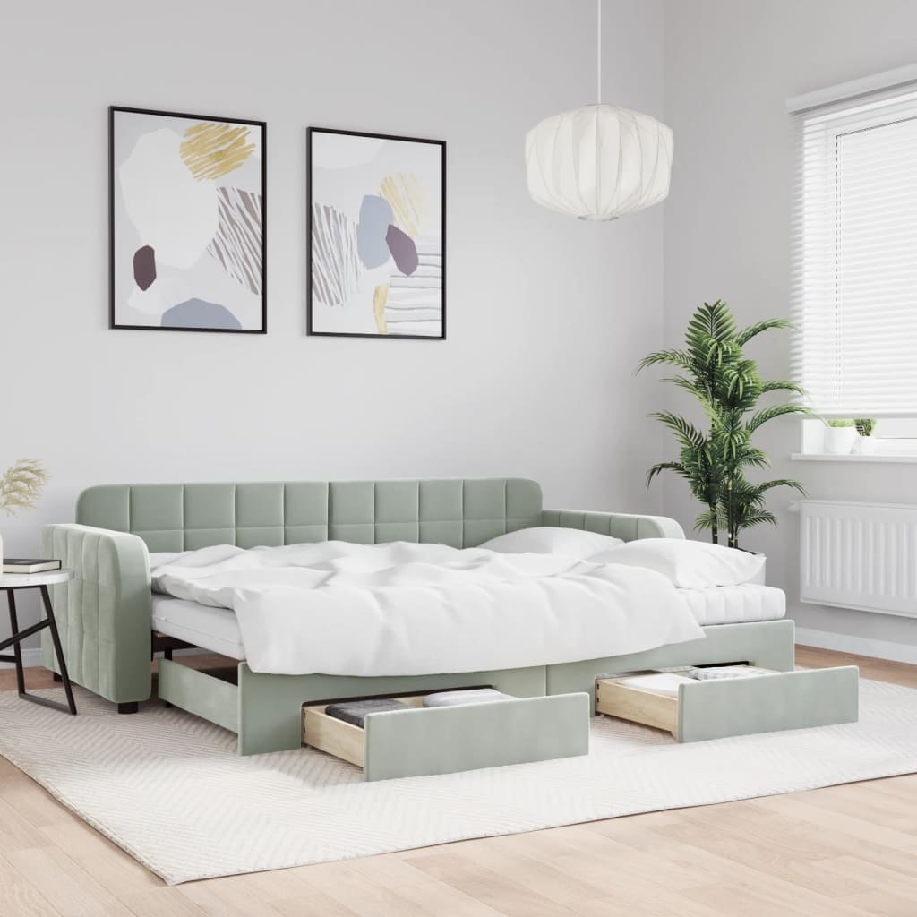 Sofa rozsuwana z szufladami, jasnoszara, 80x200 cm, aksamit  Lumarko!