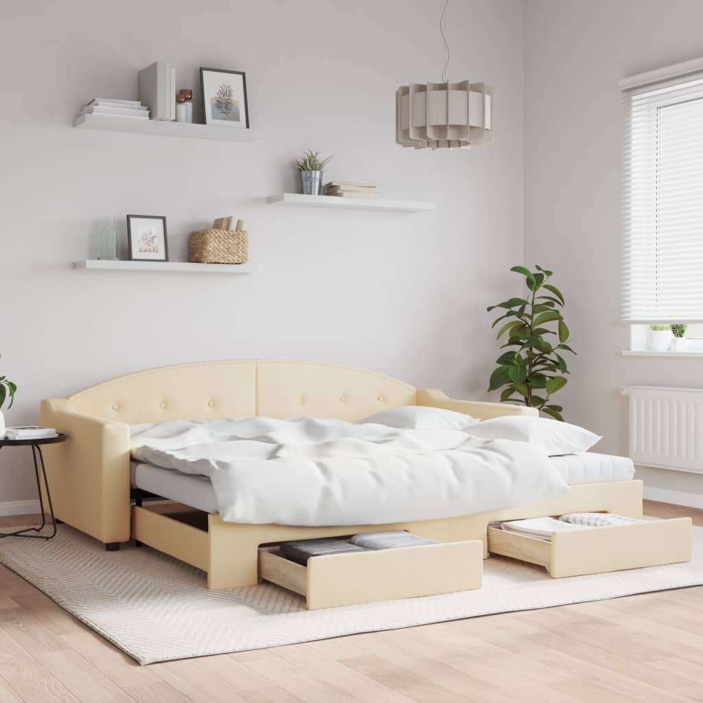 Sofa rozsuwana z szufladami, kremowa, 90x200 cm, tkanina  Lumarko!