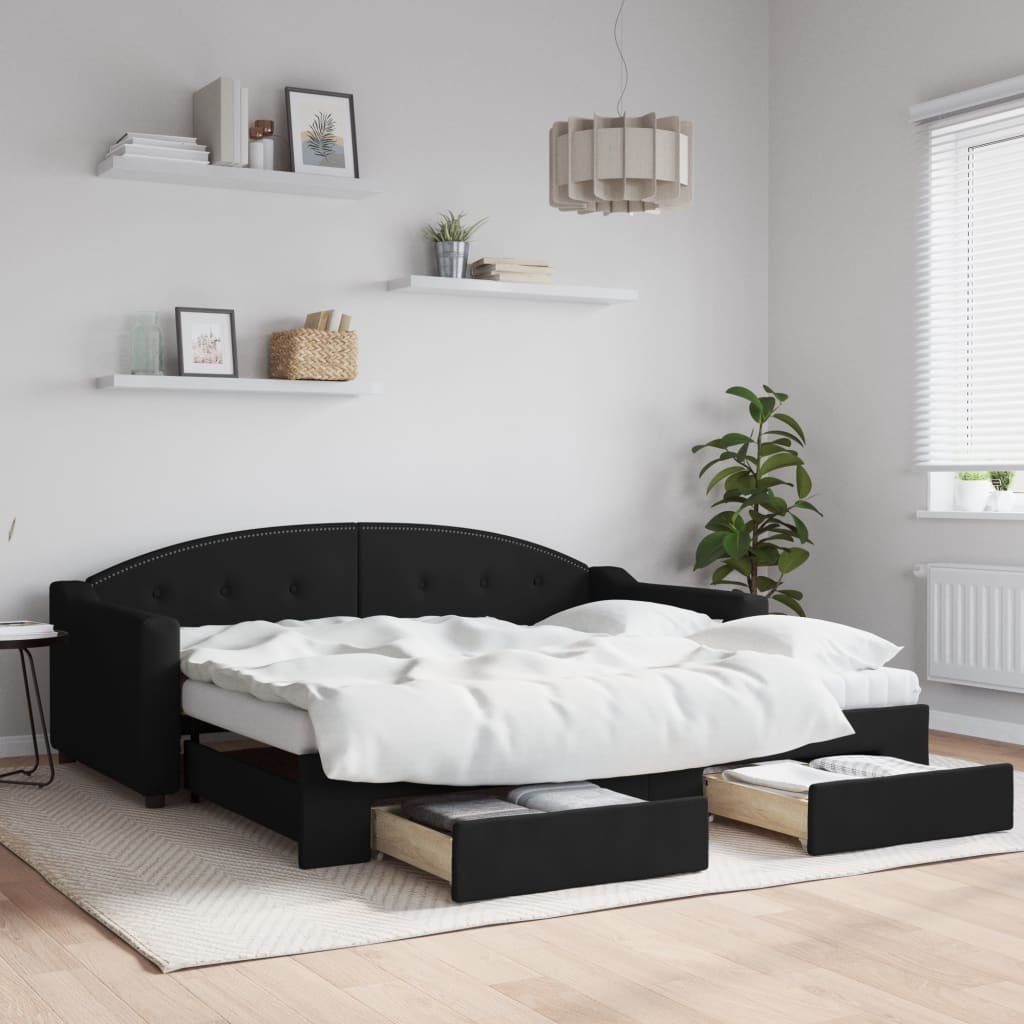 Sofa rozsuwana z szufladami, czarna, 90x190 cm, tkanina  Lumarko!
