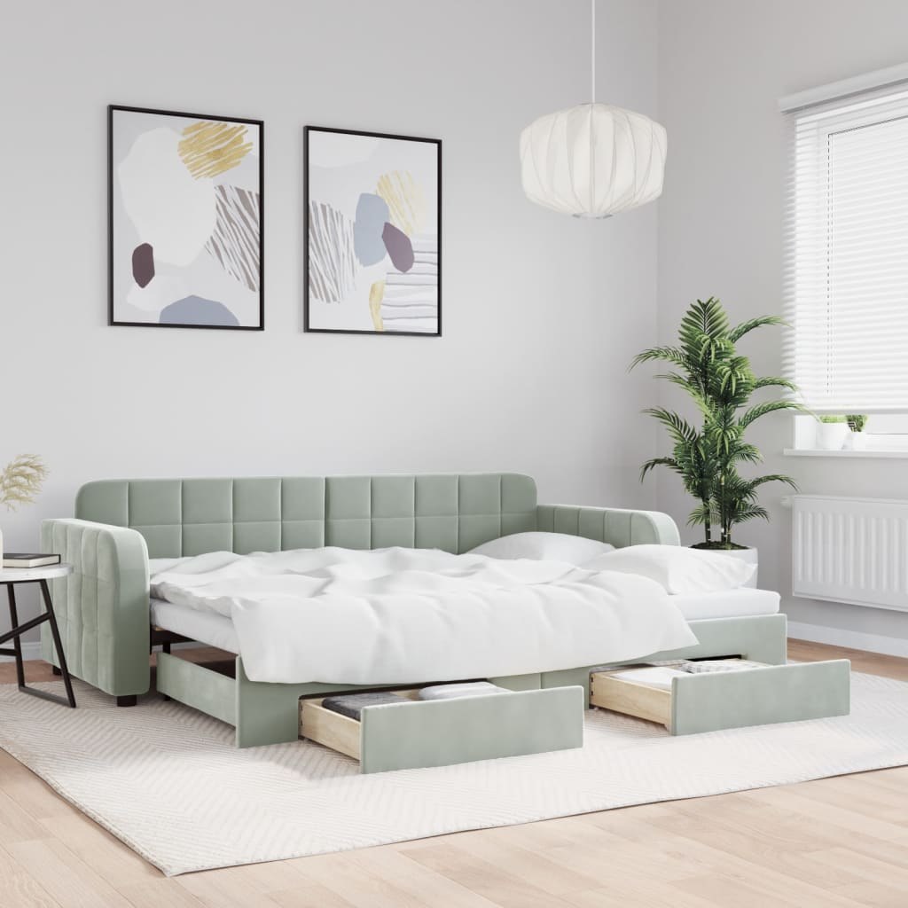 Sofa rozsuwana z szufladami, jasnoszara, 80x200 cm, aksamit  Lumarko!