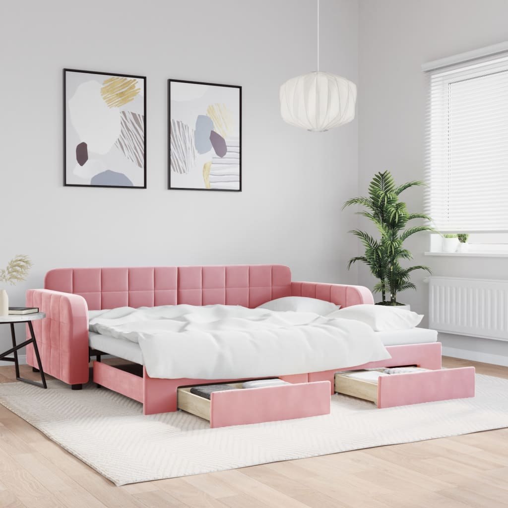 Sofa rozsuwana z szufladami, różowa, 90x200 cm, aksamit  Lumarko!