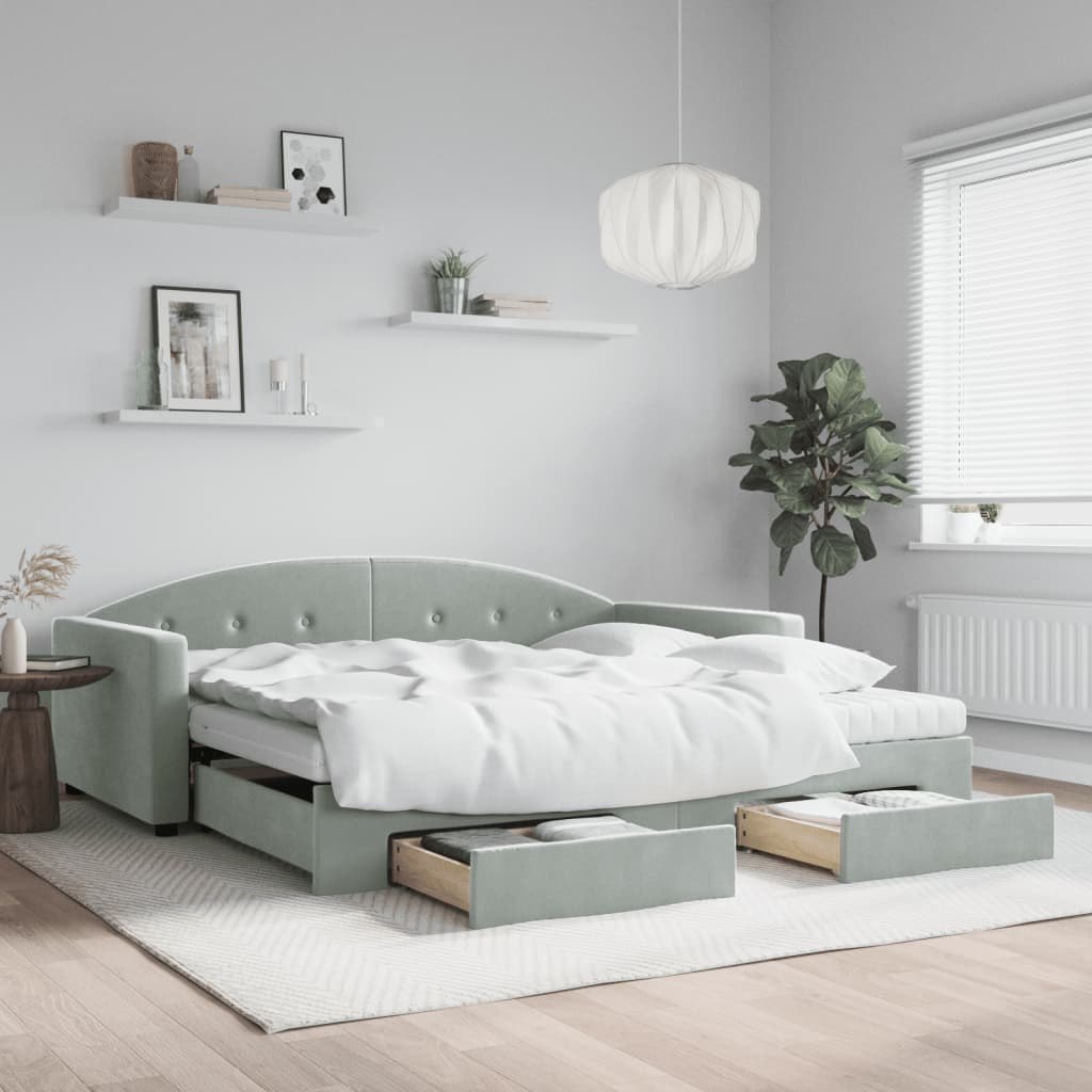 Sofa rozsuwana z szufladami, jasnoszara, 100x200 cm, aksamit  Lumarko!