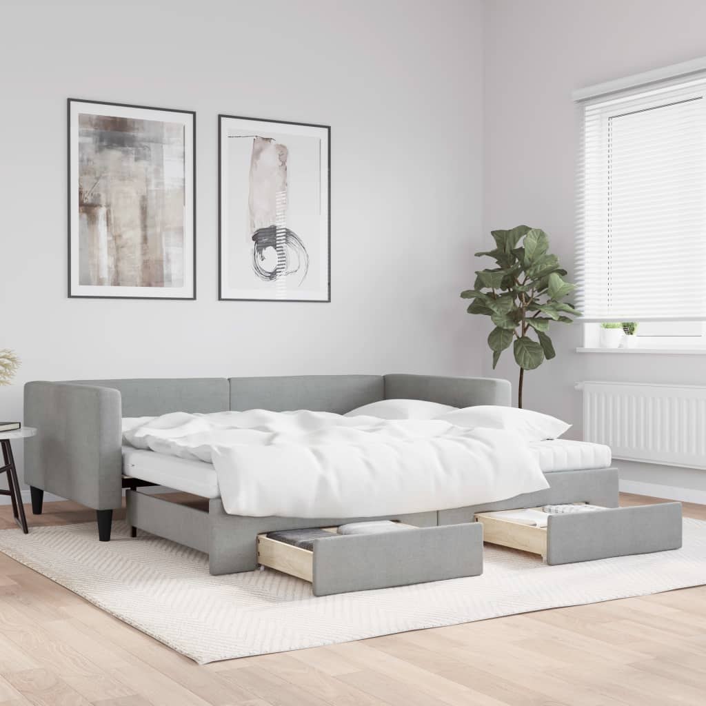 Sofa rozsuwana z szufladami, jasnoszara, 100x200 cm, tkanina  Lumarko!