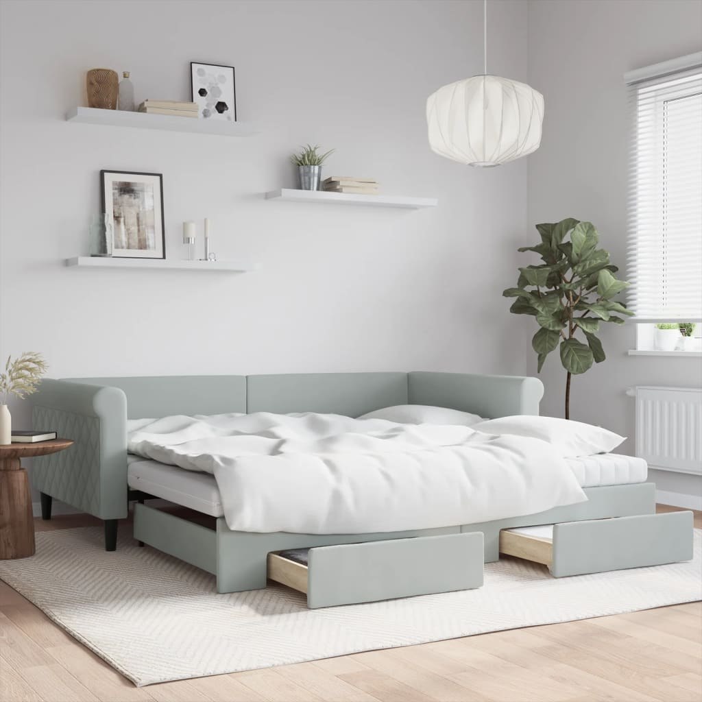 Sofa rozsuwana z szufladami, jasnoszara, 100x200 cm, aksamit  Lumarko!