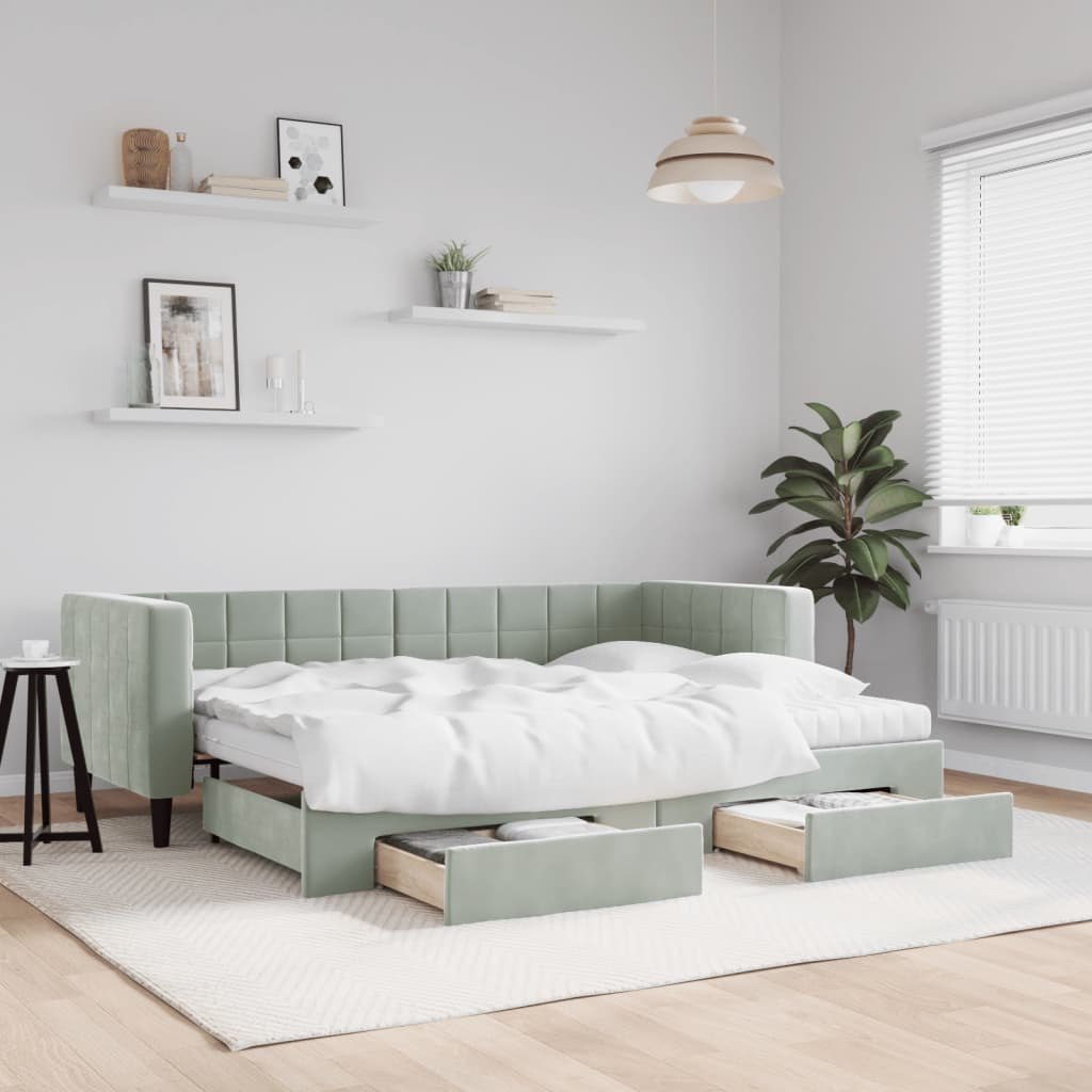 Sofa rozsuwana z szufladami, jasnoszara, 80x200 cm, aksamit  Lumarko!