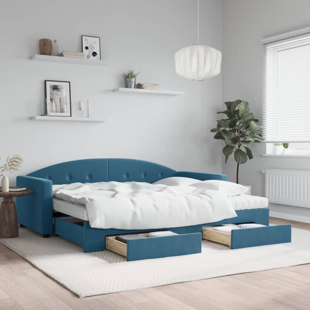 Sofa rozsuwana z szufladami, niebieska, 90x200 cm, aksamit  Lumarko!