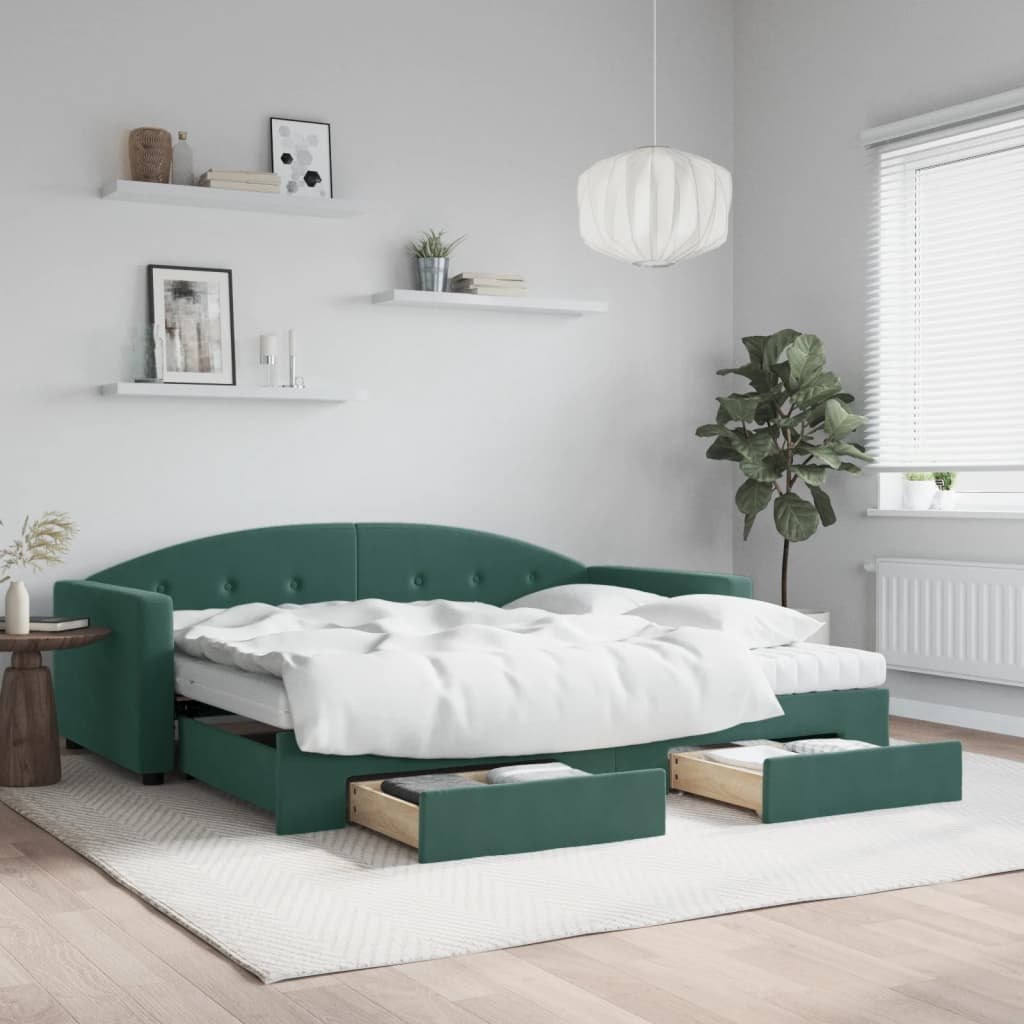 Sofa rozsuwana z szufladami, ciemnozielona, 90x200 cm, aksamit  Lumarko!