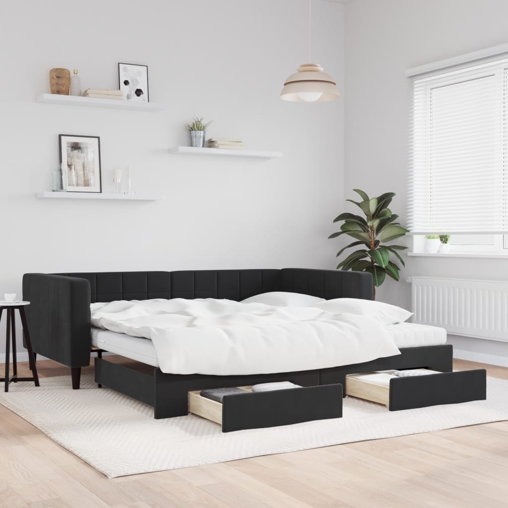 Sofa rozsuwana z szufladami, czarna, 100x200 cm, aksamit  Lumarko!