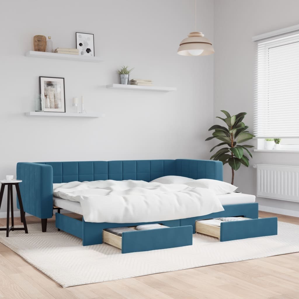 Sofa rozsuwana z szufladami, niebieska, 80x200 cm, aksamit  Lumarko!