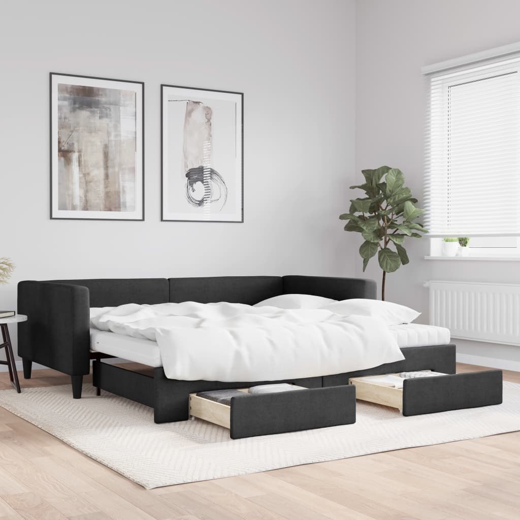 Sofa rozsuwana z szufladami, czarna, 100x200 cm, tkanina  Lumarko!
