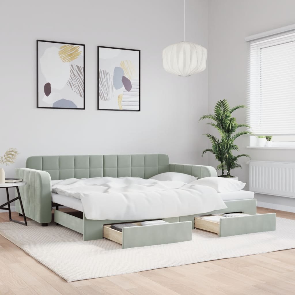 Sofa rozsuwana z szufladami, jasnoszara, 90x190 cm, aksamit  Lumarko!