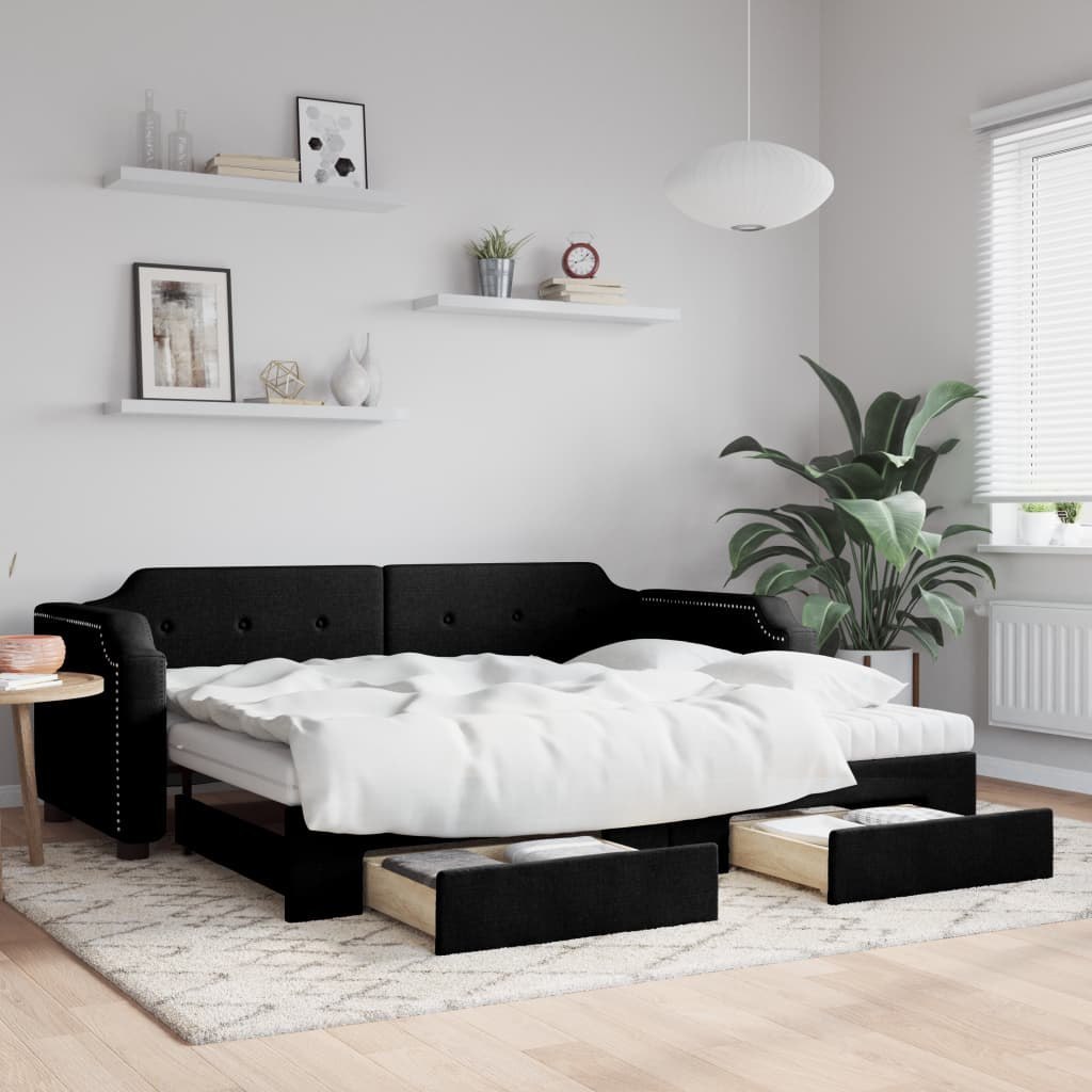 Sofa rozsuwana z szufladami, czarna, 90x190 cm, tkanina  Lumarko!
