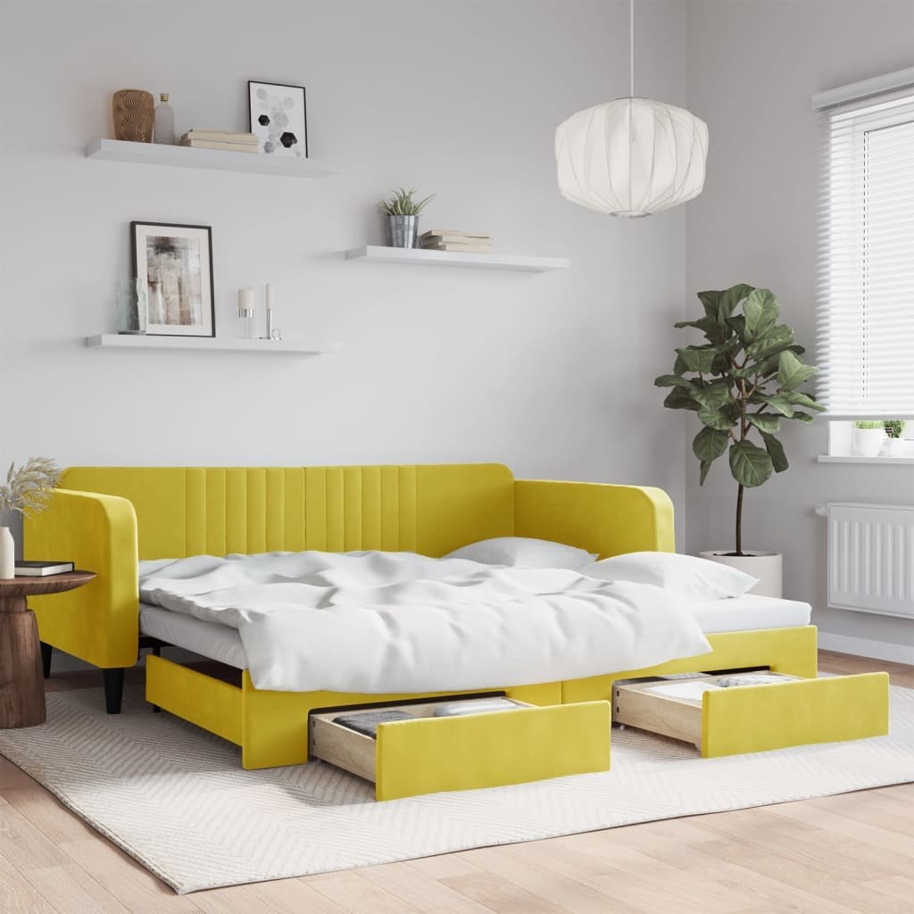 Sofa rozsuwana z szufladami, żółta, 100x200 cm, aksamit  Lumarko!