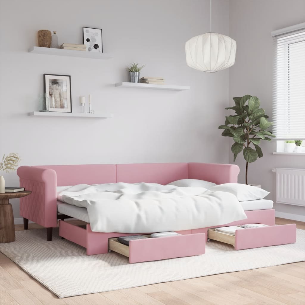 Sofa rozsuwana z szufladami, różowa, 80x200 cm, aksamit  Lumarko!