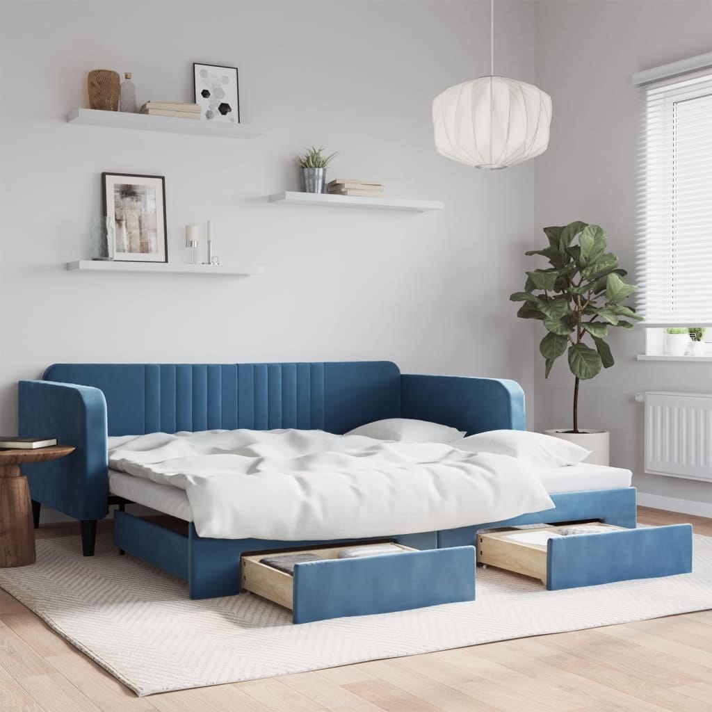 Sofa rozsuwana z szufladami, niebieska, 100x200 cm, aksamit  Lumarko!