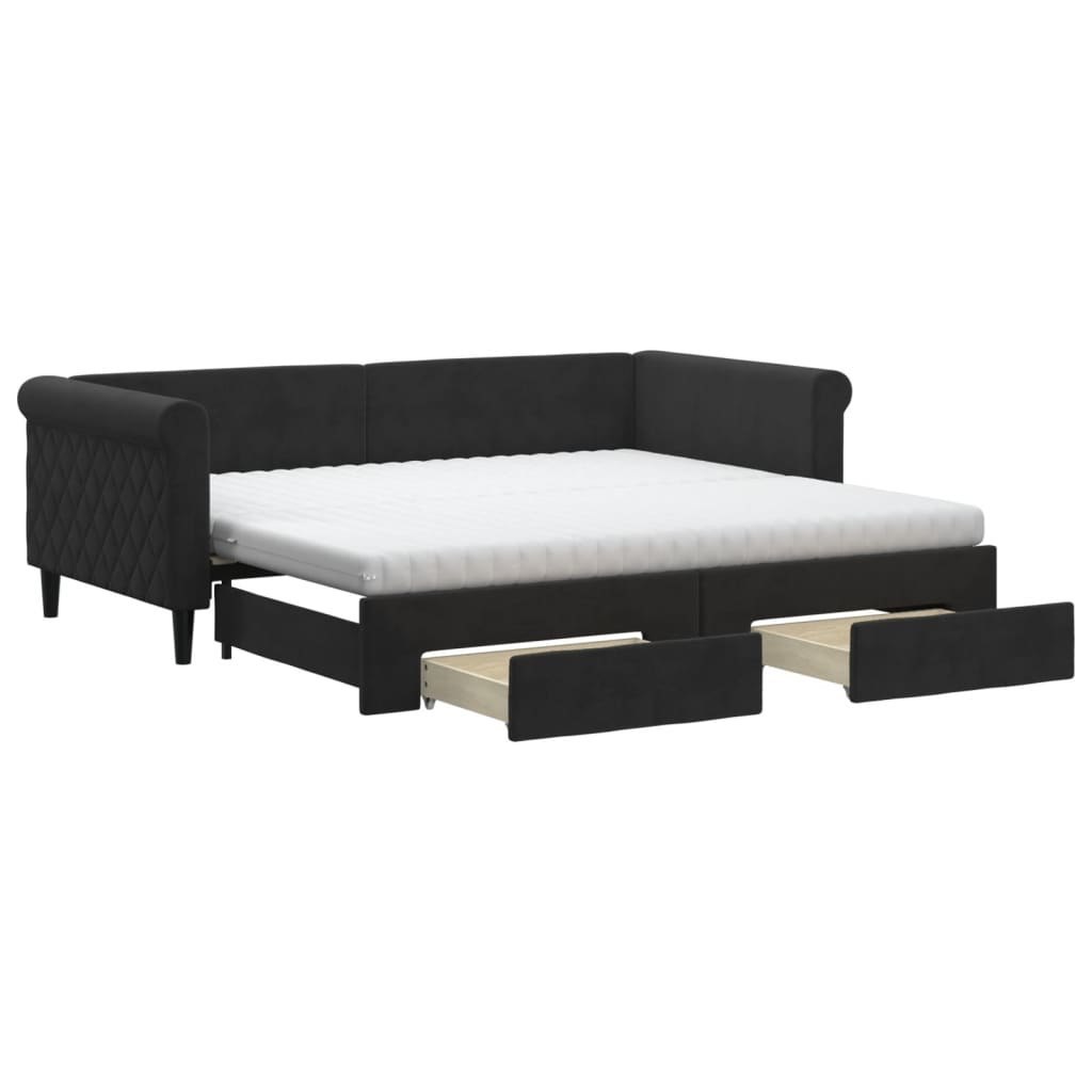 Sofa rozsuwana z szufladami, czarna, 90x190 cm, aksamit  Lumarko!