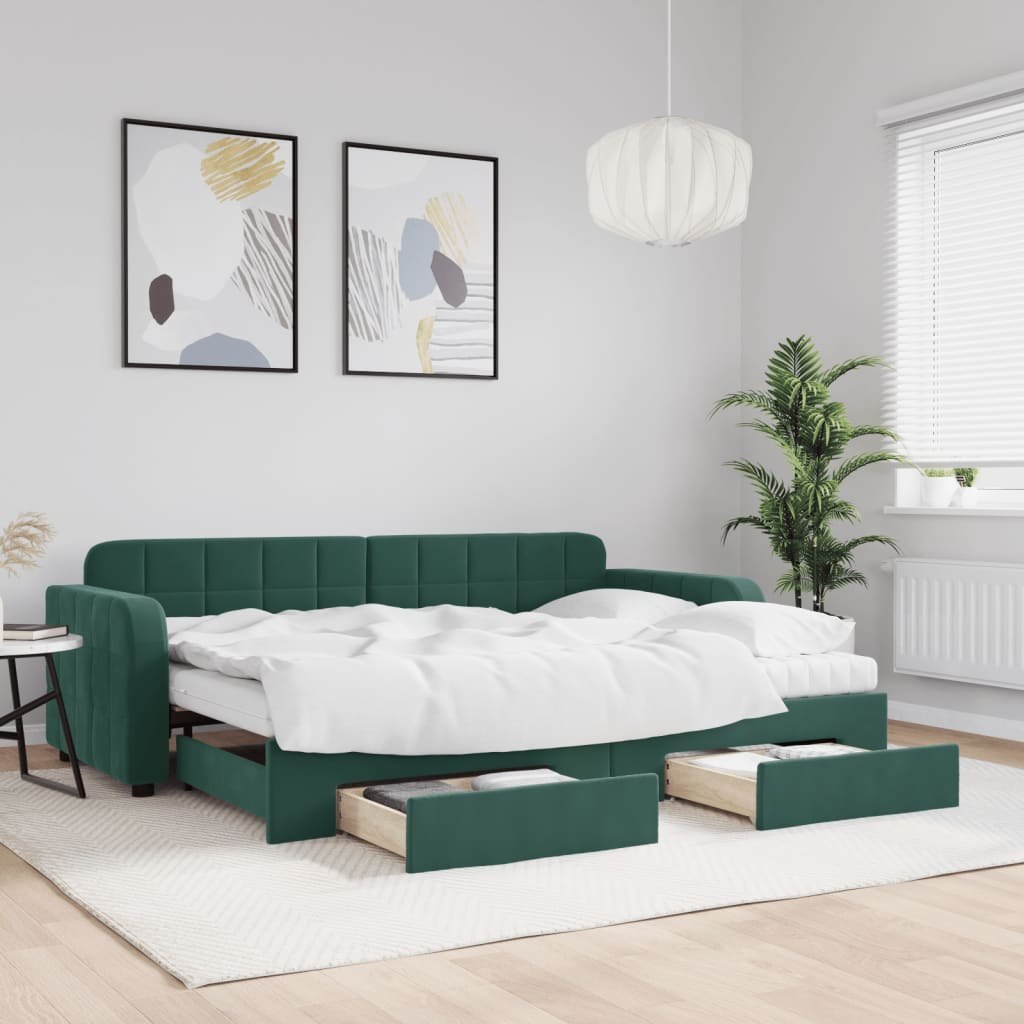 Sofa rozsuwana z szufladami, ciemnozielona, 80x200 cm, aksamit  Lumarko!