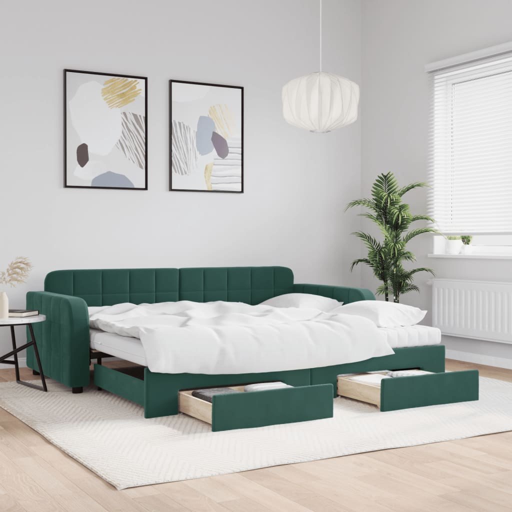 Sofa rozsuwana z szufladami, ciemnozielona, 90x200 cm, aksamit  Lumarko!