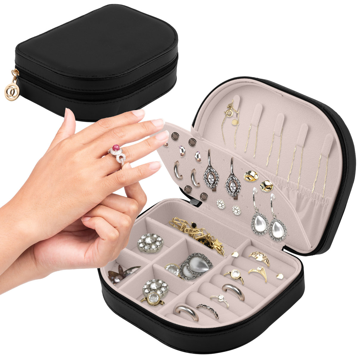 Szkatułka na biżuterię podręczna, pudełko podróżne Massido, czarne