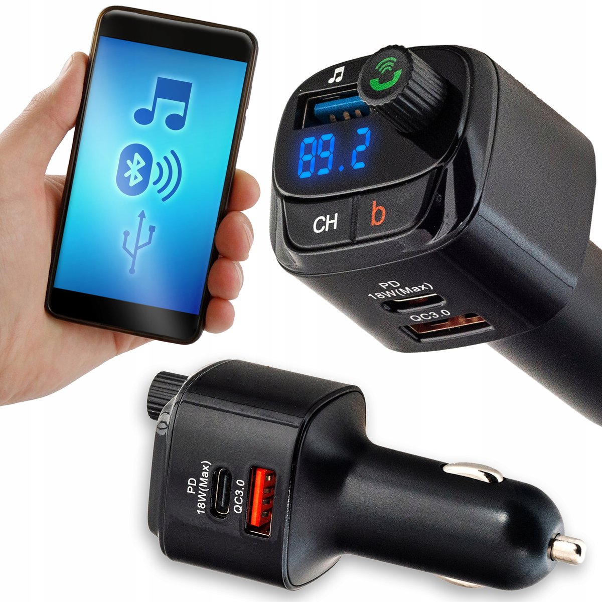 Transmiter Samochodowy Bluetooth Fm Mp3 Szybka Ładowarka 3 X Usb Qc 3.0