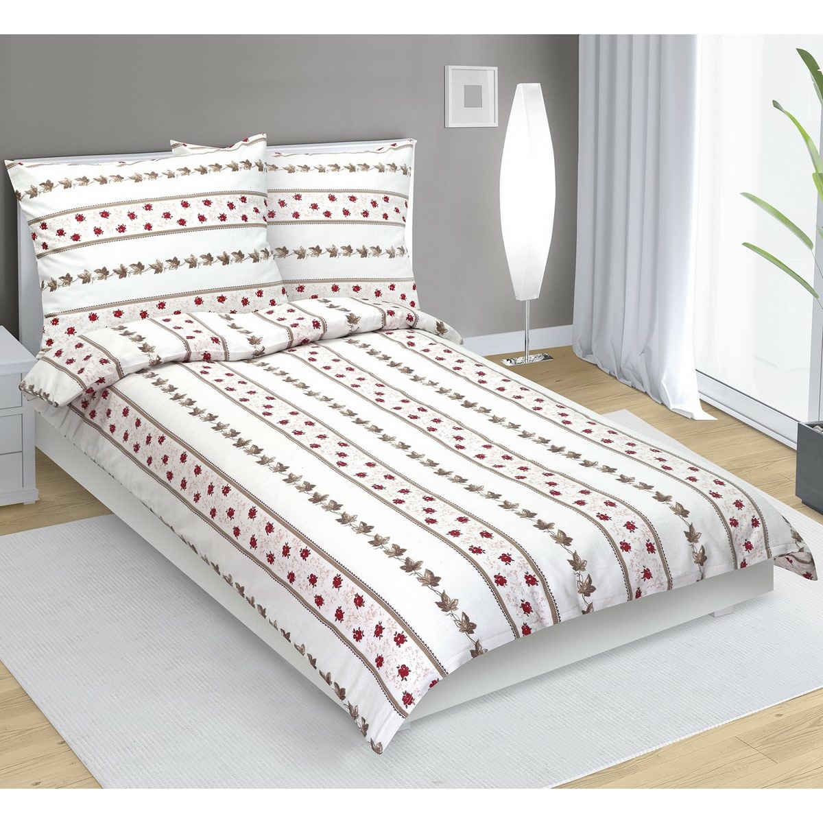 Bellatex Pościel flanelowa Różyczka w prążku, 140 x 200 cm, 70 x 90 cm, 140 x 200 cm, 70 x 90 cm