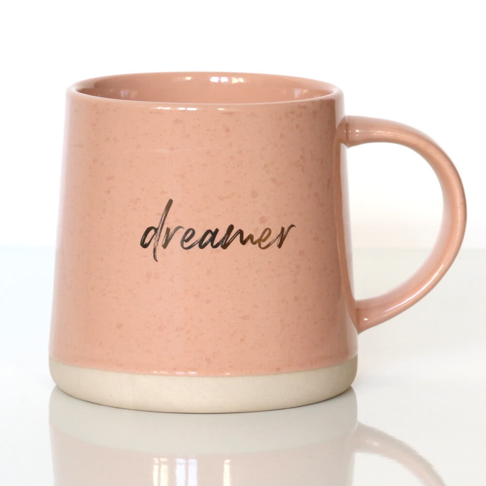 Kubek DREAMER różowy – wyjątkowy prezent podarunek ze złotymi akcentami na kawę herbatę dla siostry mamy koleżanki
