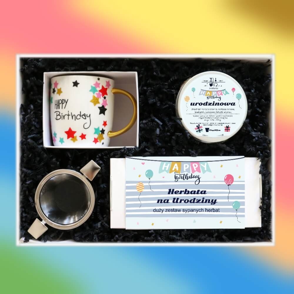 Zestaw prezentowy na urodziny HERBACIANE PARTY. Zestaw 20 herbat 20x5/8g różnego rodzaju i smaku, herbata urodzinowa 200g, kolorowy kubek w boxie prez