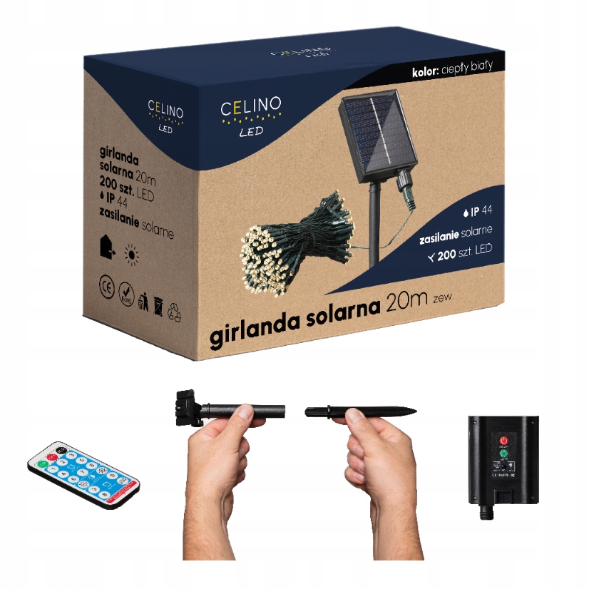 Girlanda Ogrodowa Solarna Lampki Led 20m Ciepła Pilot
