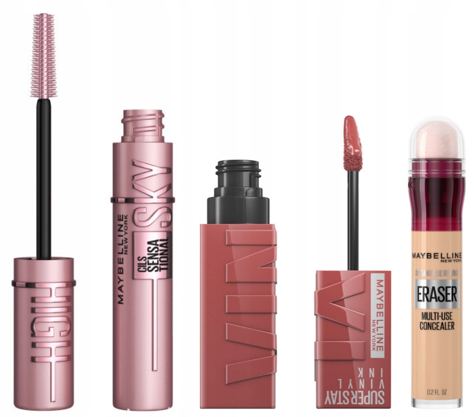 Maybelline: tusz do rzęs Sky High Black, pomadka Vinyl Ink, korektor Eraser