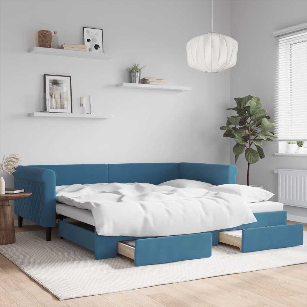 Sofa rozsuwana z szufladami, niebieska, 100x200 cm, aksamit Lumarko!