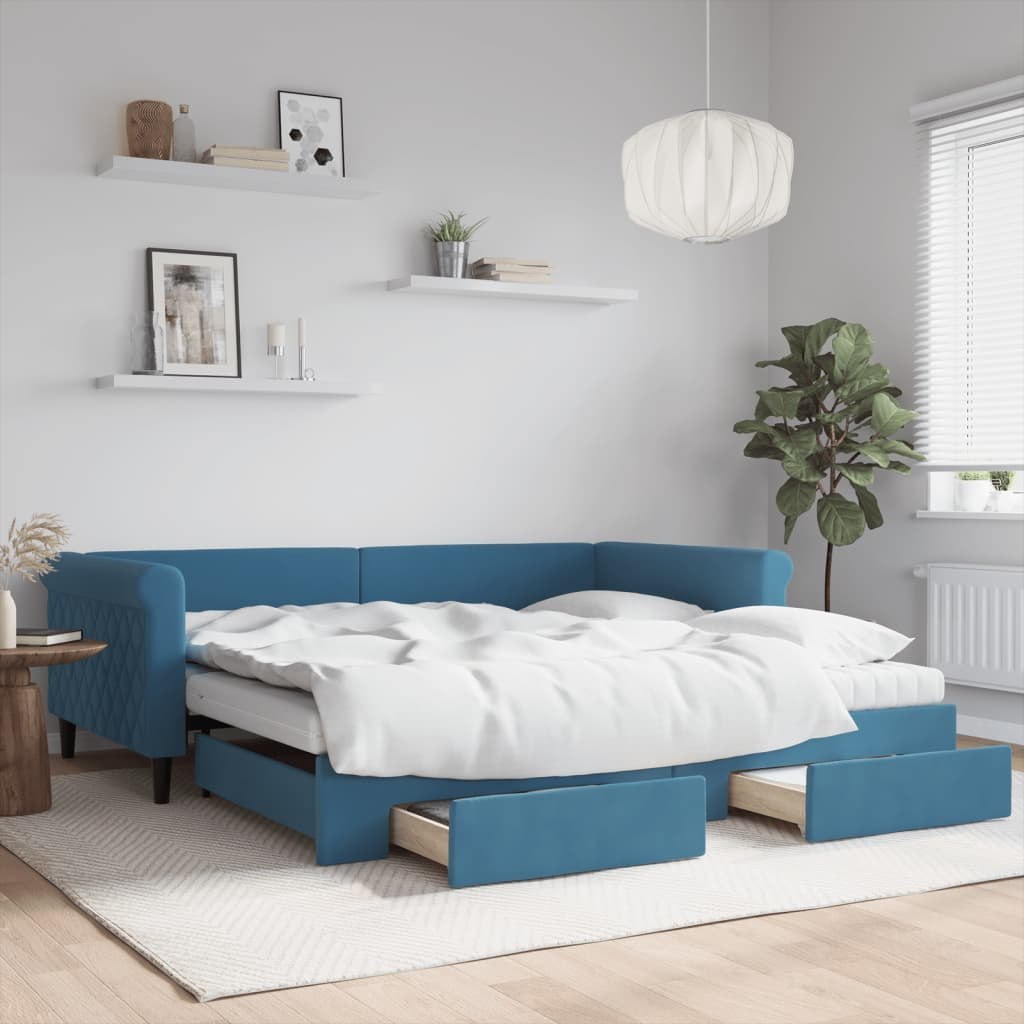 Sofa rozsuwana z szufladami, niebieska, 100x200 cm, aksamit Lumarko!