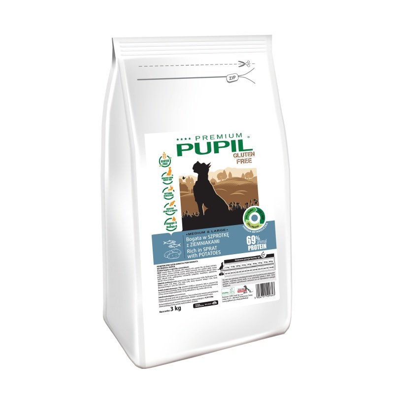 Karma sucha dla psa PUPIL FOODS Premium Gluten Free Medium&Large, bogata w szprotkę z ziemniakami, 3 kg
