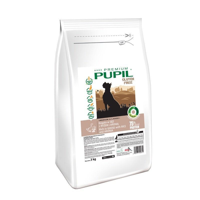 Karma sucha dla psa PUPIL FOODS Premium Gluten Free Medium&Large, bogata w gęś z ryżem i aronią, 3 kg