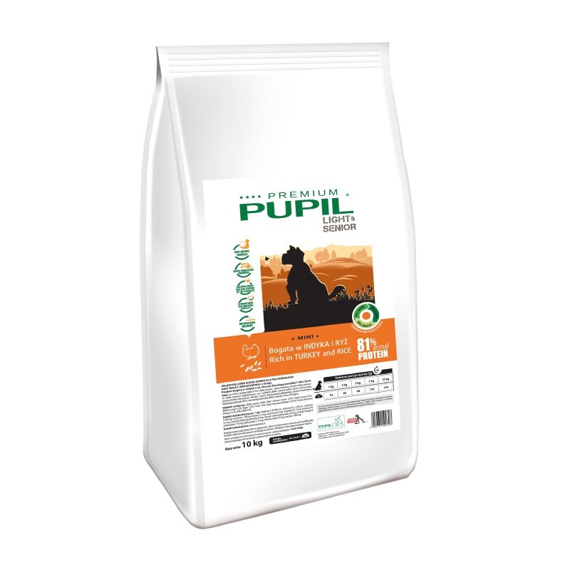 Karma sucha dla psa PUPIL FOODS Premium Light & Senior Mini, bogata w indyka i ryż, 10 kg