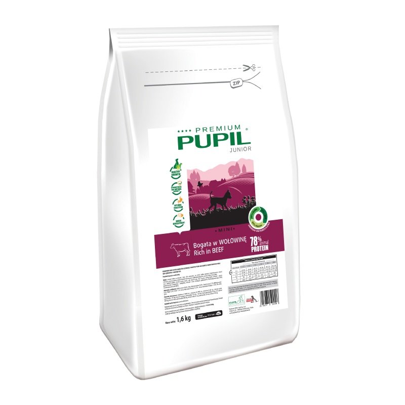 Karma sucha dla psa PUPIL FOODS Premium Junior Mini, bogata w wołowinę, 1,6 kg