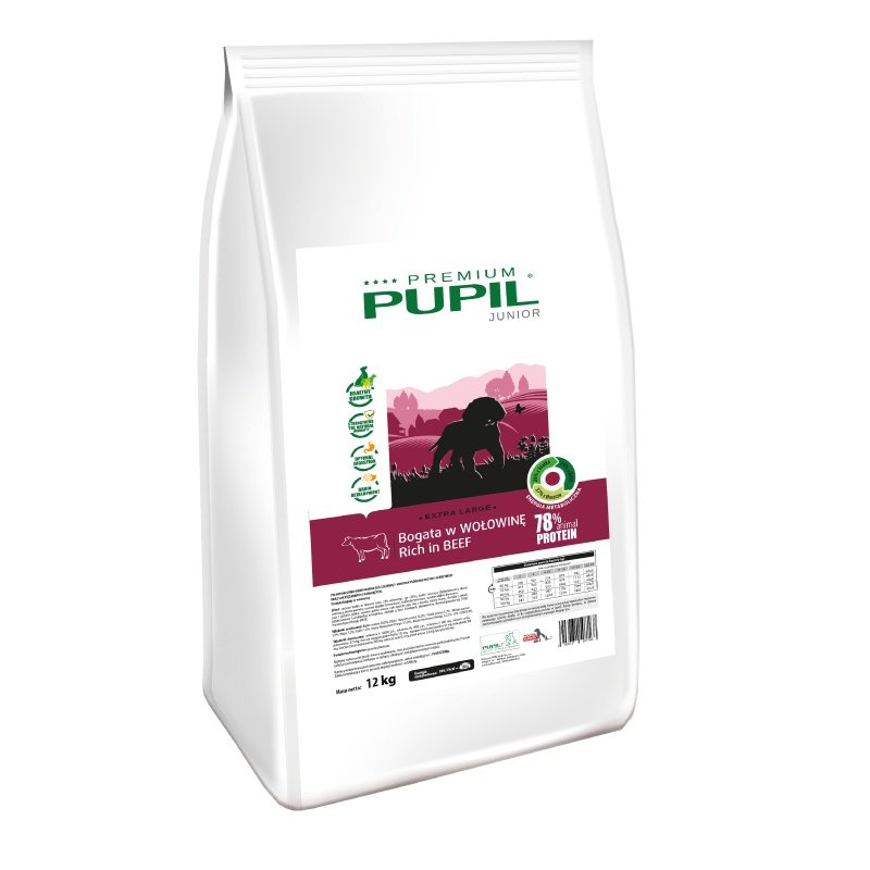 Karma sucha dla psa PUPIL FOODS Premium Junior Extra Large, bogata w wołowinę, 12 kg