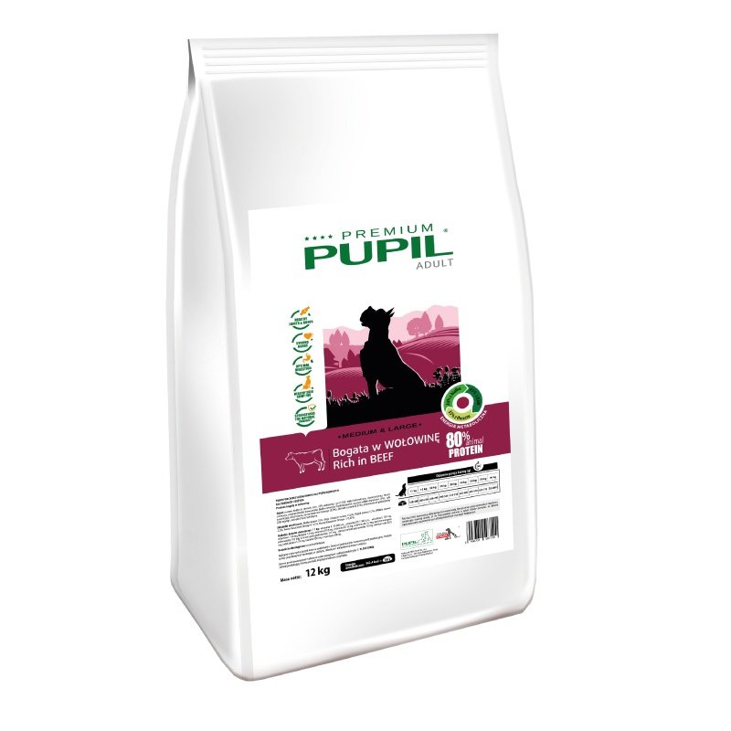 Karma sucha dla psa PUPIL FOODS Premium Adult Medium & Large, bogata w wołowinę, 12 kg