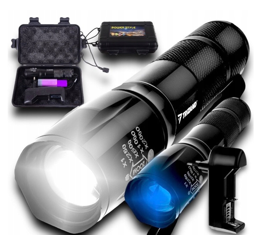Latarka Taktyczna 2w1 LED + UV Survivalowa Zoom Wojskowa Akumulatorowa z Ładowarką