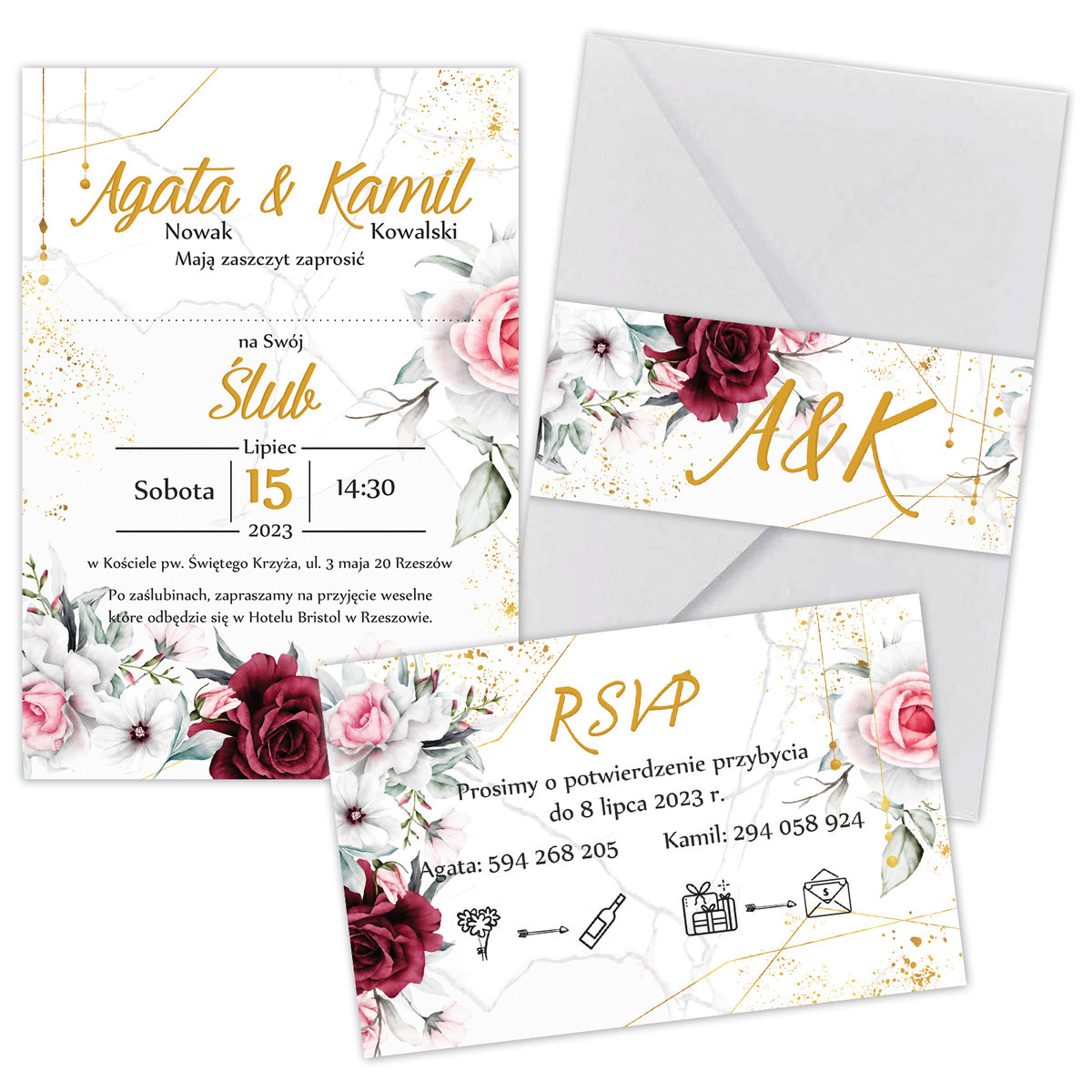 ZAPROSZENIE ŚLUBNE RSVP KOPERTA OPASKA BORDO Z2