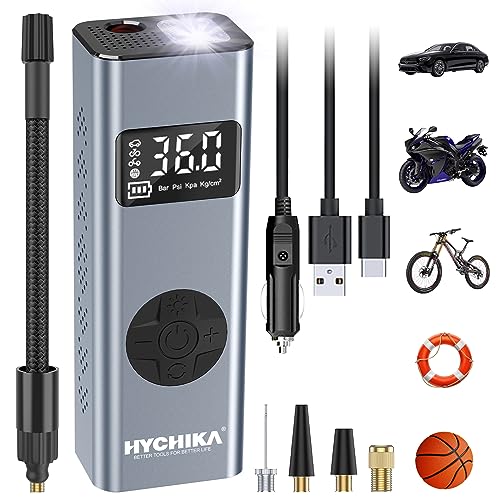 Przenośna Pompka Powietrza HYCHIKA 12V 6000mAh z Akumulatorem I50PSI, Przenośna Pompka Rowerowa ze światłem LED i Przełączanym Manometrem (PSI/BAR/KPA/KG/cm²), 5 Akcesoriów