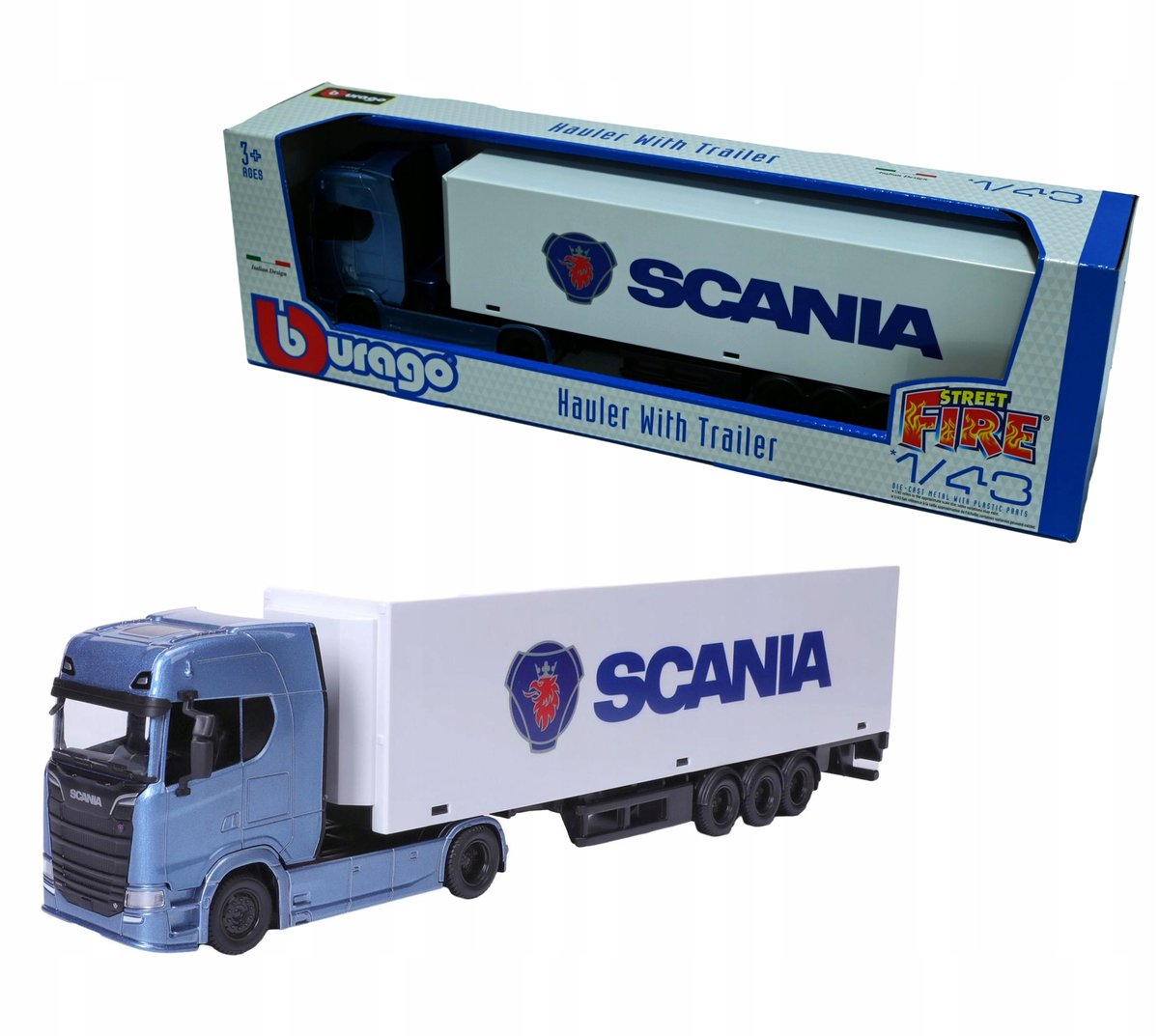 SCANIA 770S 1:43 Bburago 18-31468 NIEBIESKA CIĘŻARÓWKA Z NACZEPĄ