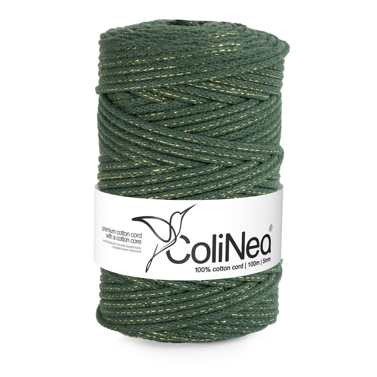 Colinea/Sznurek Bawełniany Z Bawełnianym Rdzeniem, Pleciony, 5Mm, 100M, butelkowa zieleń ze złotą nitką