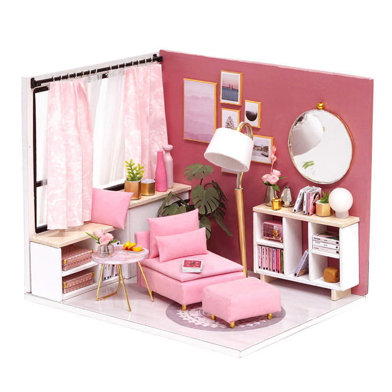 Miniaturowy domek DIY - drewniany zestaw, mebelki