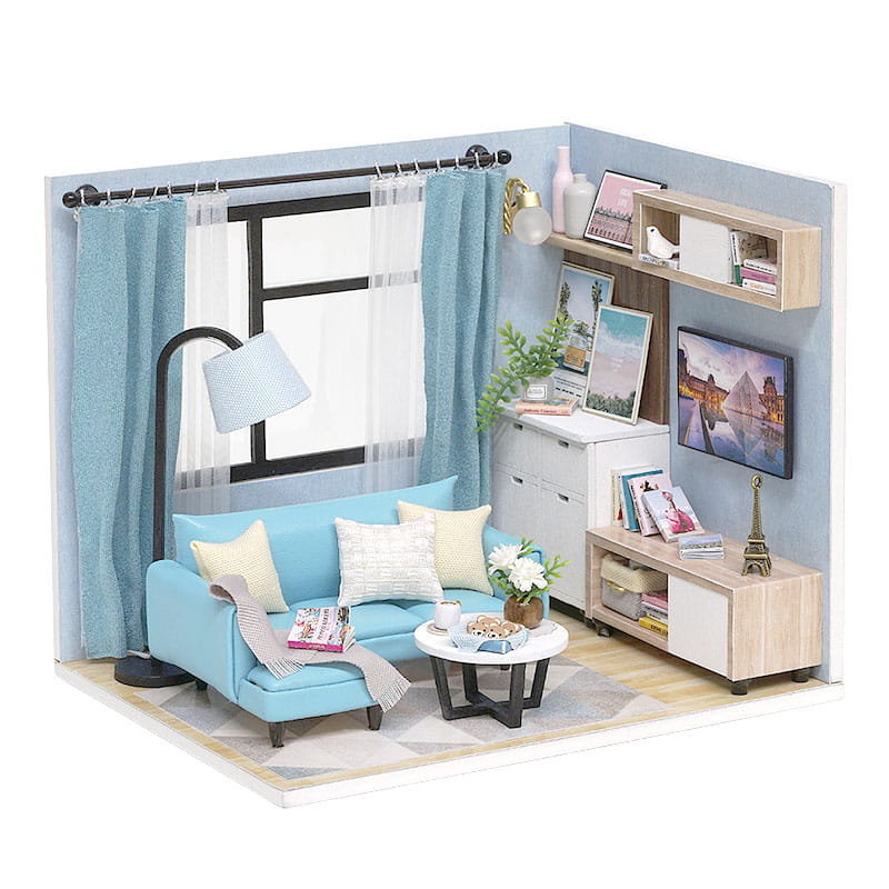 Miniaturowy domek DIY - drewniany zestaw, mebelki