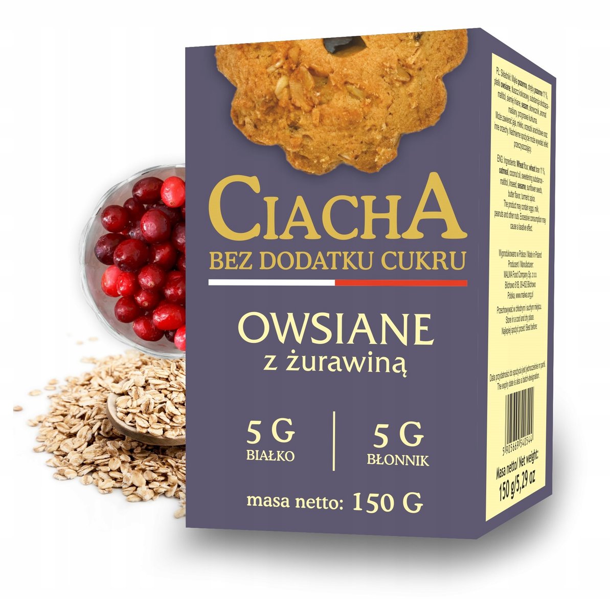 Malwa Ciacha Bez Cukru Owsiane z Żurawiną 150g