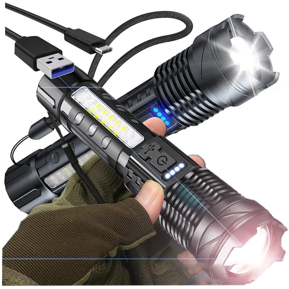 LATARKA LED AKUMULATOROWA TAKTYCZNA ŚWIATŁO OSTRZEGAWCZE ŁADOWANA Z USB-C