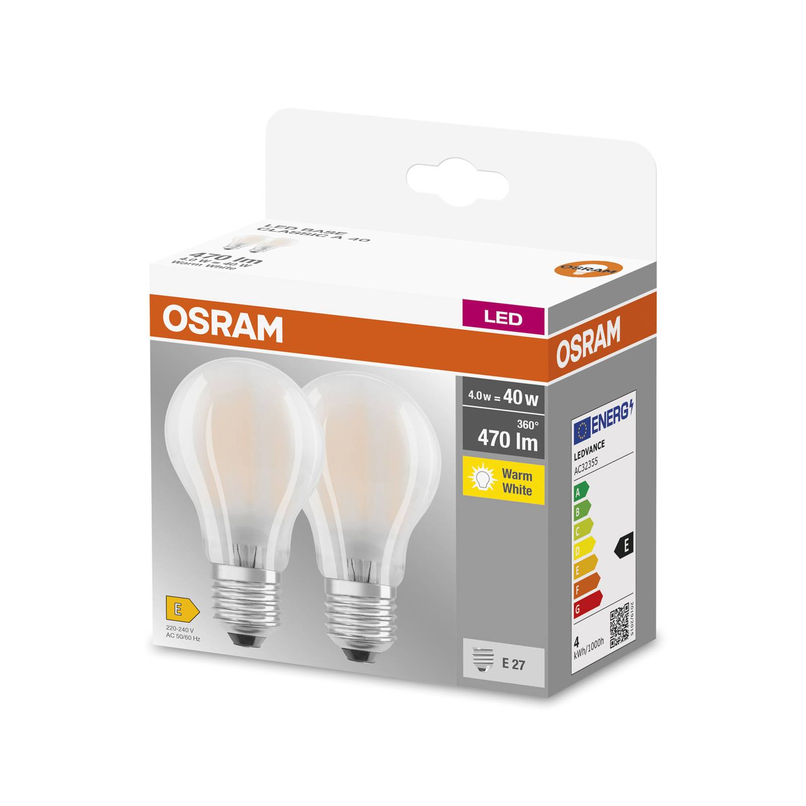 OSRAM Żarówka LED E27 4W 827 Classic A GLFR matowy 2szt.